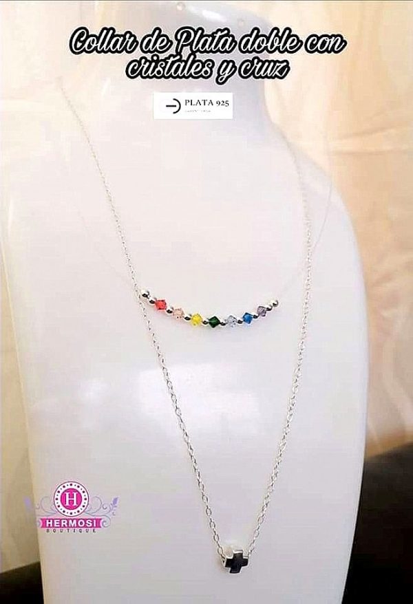 Collar doble de plata con aplicación invisible y cristales multicolor - Plata ley 925