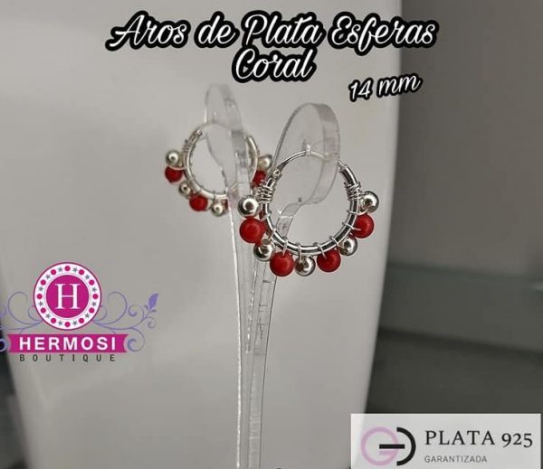 Argollas Esferas Coral14 mm - Plata Ley 925