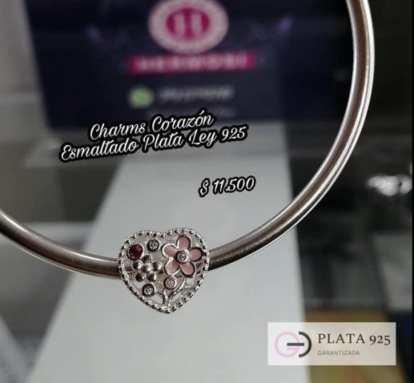 Charm Corazón y Flores Esmaltado con circones – Plata Ley 925