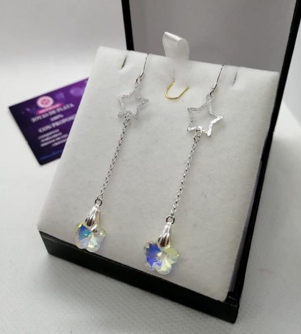 NUEVO!!! Aros Colgantes Estrellas con cristales de flor Swarovski Tornasol - Plata Ley 925