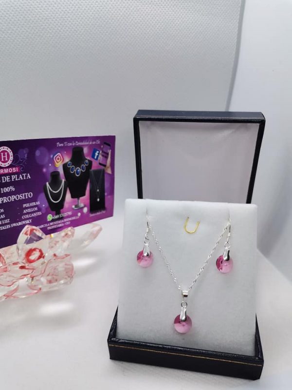 Conjunto Cristales Rosa   – Plata Ley 925 - Imagen 2