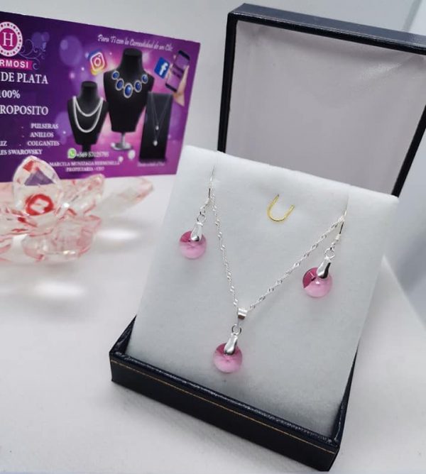 Conjunto Cristales Rosa   – Plata Ley 925