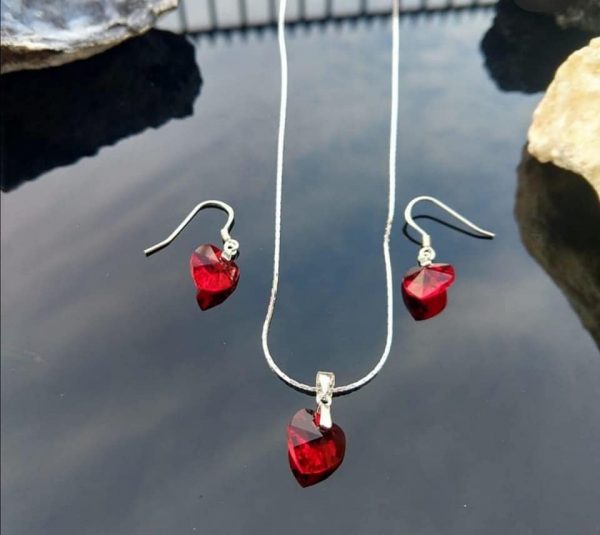 Conjunto Corazones Cristales Rojos - Plata Ley 925