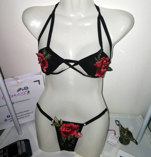 Conjunto Lenceria Sexy Negro con detalles de encaje Rosa