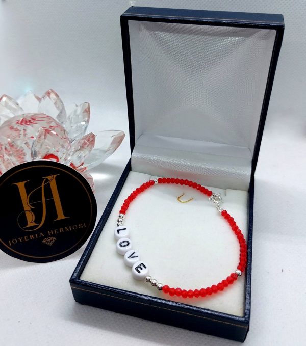 Pulsera Roja Protección con Cristales Rojos y AMOR - Plata Ley 925 - Imagen 2